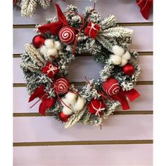 a christmas wreath with red and white ornaments