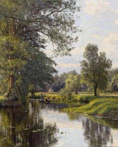 a painting of people fishing in a river with trees and grass on either side by the water