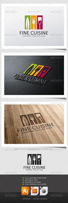 the logo for fine cuisine is shown in three different colors and font styles, including one that