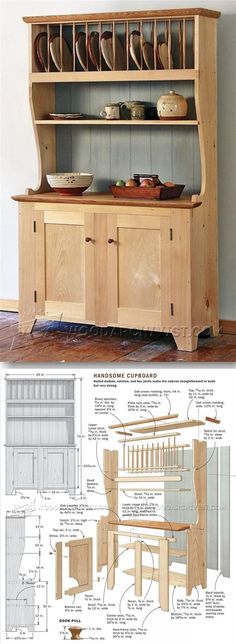 an old fashioned wooden hutch is shown with plans for the top and bottom shelves