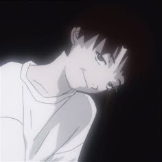 an anime character with black hair and white shirt looking to his left in the dark