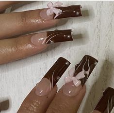 Pink And Brown Nails Acrylic, Low French Tip Nails, Brown French Tip Nails, Nails With Gems, Colored Acrylic Nails, Glow Nails, Nail Idea, Unique Acrylic Nails, Tip Nails