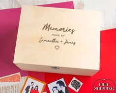 a wooden box that has some pictures on it and the words memory made by jonathan and jenny