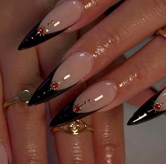 Nails For Hairstylist, Dark Feminine Aesthetic Nails, Stiletto Aura Nails, Red Gold And Black Nails, Black Nail Designs Trending Now, Halloween Nail Designs Almond, Persephone Nails, Hourglass Nails, Black Nail Designs Almond