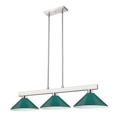 three lights hanging from a ceiling fixture with green shades on the bottom and white base