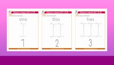 three spanish worksheets with numbers and symbols on them, including the number 1 to 3