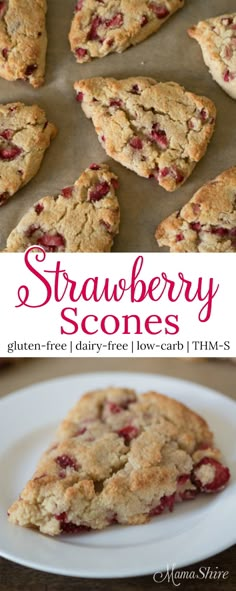 strawberry scones on a white plate with text overlay