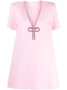 AREA Crystal Bow V-neck Minidress - Farfetch Crystal Dresses, Icy Pink, Doctor Outfit, Crystal Dress, Embellished Jeans, Short Sleeve Mini Dress, Pink Mini Dresses, Mini Shift Dress, Knitted Tshirt