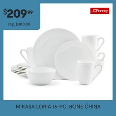 Bring a fresh, subtly sophisticated look to your tabletop with this Loria 16-Piece Dinnerware Set by Mikasa. Beautifully crafted bone China in vibrant white is uniquely transparent, and it is also chip-resistant for long-lasting strength and durability. Each piece features an embossed, beaded band around the rim, adding an intriguing visual element to the simple, clean design, and making this perfect for introducing a touch of style to a casual table setting. 16-piece dinnerware set, service fo… Casual Table Settings, White Dinnerware Set, China Dinnerware Sets, Bone China Dinnerware, Window Home Decor, China Dinnerware, Dinnerware Set, Dinnerware Sets, Clean Design