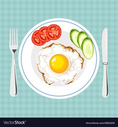 an egg, tomato and cucumber on a plate with fork and knife next to it