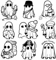 some cartoon characters that are drawn in black and white