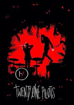 two people standing in front of a red background with the words twenty one pilots on it