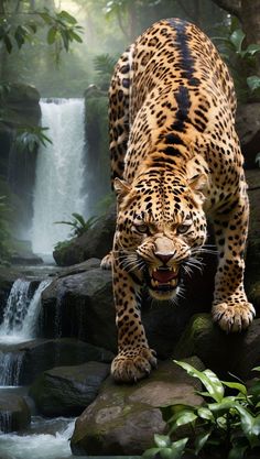 a large leopard standing on top of a rock next to a waterfall