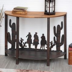 a wooden table with metal art on it