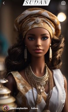 a barbie doll wearing a gold and white dress with jewelry on it's head