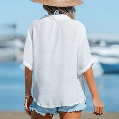 Have some fun in the sun in this semi-sheer cover-up shirt featuring a V-neckline, basic collar, button-front closures, and short sleeves with rolled cuffs. Crafted from a semi-sheer fabric, this cover-up shirt offers a lightweight and breathable feel, ideal for hot summer days. The semi-sheer quality adds a hint of allure and allows for a peekaboo effect, showcasing your swimsuit underneath. Product code:CAA07A3B003CC/CAA07A3B003GG/CAA07A3B003SS/CAA07A3B003UU Model Wearing Size: S Height:5‘6" i Short Sleeve Shirt With Buttons For Beach Season, Button-up Short Sleeve Beach Shirt, Solid Short Sleeve Shirt With Button Closure For Beach, Solid Color Short Sleeve Button-up Shirt For Summer, Solid Summer Short Sleeve Button-up Shirt, Solid Color Short Sleeve Shirt With Buttons For Summer, Solid Short Sleeve Shirt With Buttons For Summer, Summer Beach Button-up Shirt, V-neck Shirt For Summer Vacation