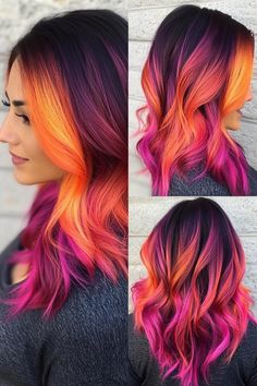 33 Trendy Hair Dye Ideas for Every Style Vibrant Color Hair, Creative Color Hair Inspiration, Vivid Fall Hair Color Ideas, Ginger And Purple Hair, Purple Hair Dye Ideas, Trendy Hair Dye Ideas, Pink Hair Dye Ideas, Orange And Purple Hair, Crazy Hair Color Ideas