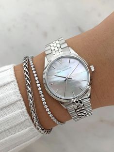 Silver Watch For Ladies, Silver Watch With Bracelets Women, Silver Watch And Bracelet Stack, Chunky Watches For Women, Silver Jewellery Watch, Womens Silver Watches, Silver Watch Aesthetic Women, Fossil Watches Women Silver, Rolex Watches Women Silver