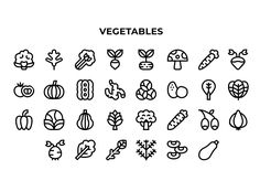 the vegetables icon set is shown in black and white