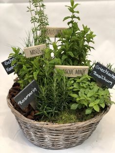 a basket filled with lots of plants and small signs on it's sides that say names