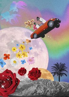 a car is flying through the air with flowers in front of it and a rainbow behind it