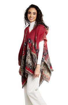 Elevate your festival look with this layer-ready poncho that features a drawstring hood and allover eye-catching pattern. Drawstring hood Short sleeves 73% acrylic, 12% viscose,9% wool, 6% lurex Dry clean Imported Red Poncho For Festival In Fall, Red Fall Festival Poncho, Red Cape Poncho For Festival, One Size Red Outerwear For Festival, Red Bohemian Hooded Poncho, Red Hooded Bohemian Poncho, Hooded Fall Festival Poncho, Hooded Red Poncho For Fall, Red Hooded Poncho For Fall