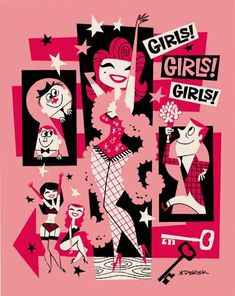 a pink poster with black and white graphics on it's sides, including an image of a woman