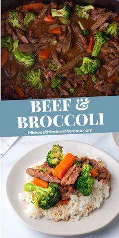 beef and broccoli stir fry on top of rice in a skillet with the words beef and broccoli above it