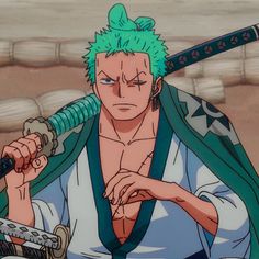 an anime character with green hair holding two swords