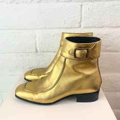 Great Condition Small Black Scuffs On Insides (See Pic) Size 7.5 Gold Fitted Leather Boots, Black And Gold Boots, Luxury Gold Leather Heeled Boots, Gold Leather Ankle Heeled Boots, Gold Ankle-high Boots With Reinforced Heel, Saint Laurent Shoes, Moto Boots, Gold Leather, Leather Ankle Boots