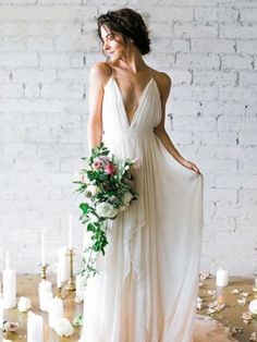 Gorgeous V-Neck Backless Ruffles Wedding Dresses - Ivory / Floor Length - wedding dresses Affordable Bridal Dresses, Long Gown For Wedding, How To Dress For A Wedding, Spaghetti Strap Wedding Dress, Custom Wedding Gown, Ruffle Wedding Dress, White Evening Dress, Chiffon Wedding Dress, Wedding Dresses With Straps