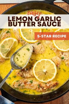 Bright yellow and creamy lemon butter sauce in a skillet with chicken and lemon wedges. Butter Sauce For Shrimp, Creamy Lemon Butter Sauce, Garlic Butter Sauce Recipe, Garlic Lemon Butter Sauce, White Wine Sauce Recipes, Butter Sauce For Pasta, Pasta And Veggies, Lemon Pepper Sauce, Butter Cream Sauce