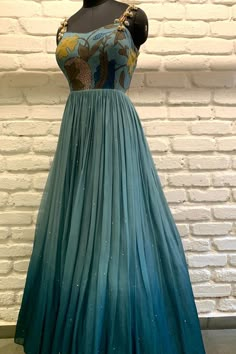 Organza Maxi Dress, Blue Organza, Anarkali Dress Pattern, Long Gown Dress, Long Dress Design, Indian Dresses Traditional, Indian Gowns Dresses, Blue Maxi Dress