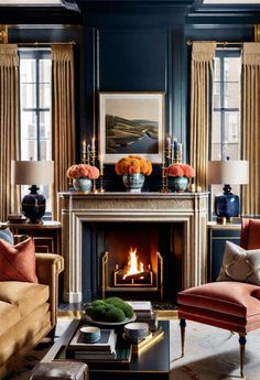 a living room filled with furniture and a fire place in the middle of a room