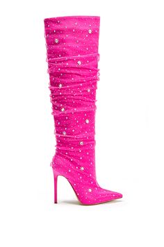 side view of knee high hot pink stiletto boots with a pointed toe and rhinestone embellished mesh overlay Hot Pink Stuff, Pink Fur Heels, Pink Boots Outfit, Pink Knee High Boots, Jordan Heels, Nicki Minaj Concert, Summer Barbie, Hot Pink Shoes, Statement Boots