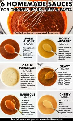 six homemade sauces for chicken, pork, beef and pasta with text overlay