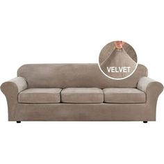 the velvet couch is shown with an oval sticker over it's left arm