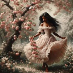 a painting of a woman in a pink dress walking through a forest with flowers on it