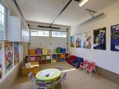 a classroom with tables, chairs and pictures on the wall