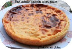 a close up of a pie on a plate with words above it that say, flan patisser ans pae et sans sans sans sans saas gluen