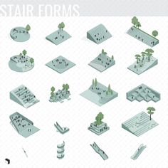 an illustrated set of various types of trees, buildings and people walking in the park