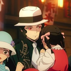 an anime scene with two women and a man in hats, one holding the other's hand