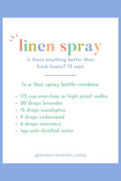 Is there anything better than fresh linens? I’ll wait. Try this recipe and tell us what you think! And don't forget to tap and shop our Happy Home labels! Diy Linen Spray, The Home Edit, Glass Spray Bottle, Fresh Linen