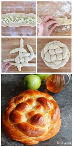 the process for making bread is shown in four different stages, including buns and pretzels