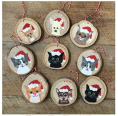 christmas ornaments with cats and dogs in santa hats on wooden slices, hanging from red twine