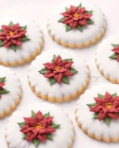 decorated cookies with red and green flowers on them are arranged in the shape of poinsettis