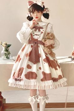 Milk Cow Print Ruffle Bowknot Sweet Lolita Jsk Dress 5 Colors – LolitaInside Cow Print Outfit, Jsk Dress, Cow Dress, Elegant Goth, Cow Outfits, Adopt Idea, Clothes Reference, Punk Dress, Pink Cow