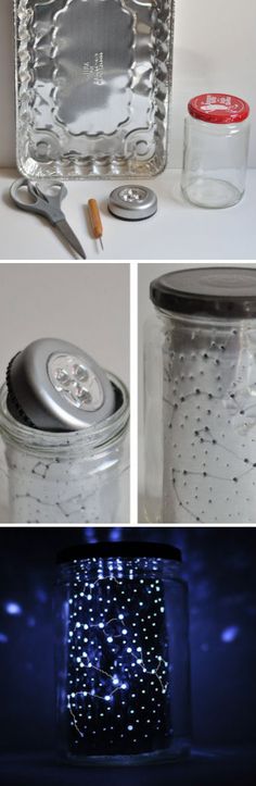 some jars that have lights in them and one has scissors on the table next to it