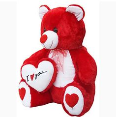 a red teddy bear with i love you written on it's chest and two hearts