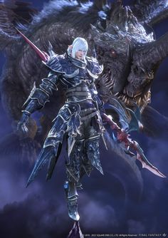 an image of a man in armor standing next to a dragon